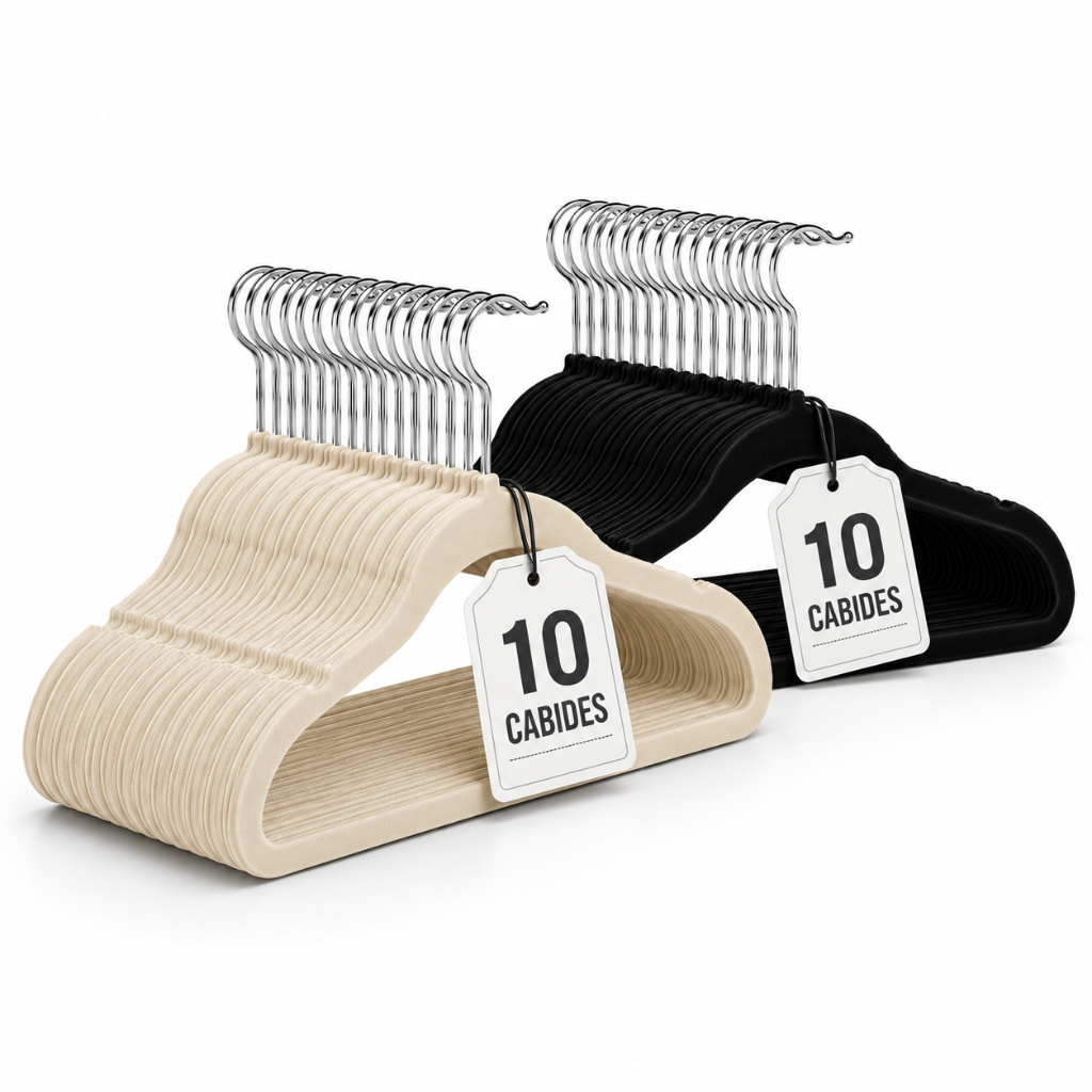 Kit 10 Cabides Premium Veludo Antideslizante Ultra Fino Com Gancho Giratório 360° Preto Bege