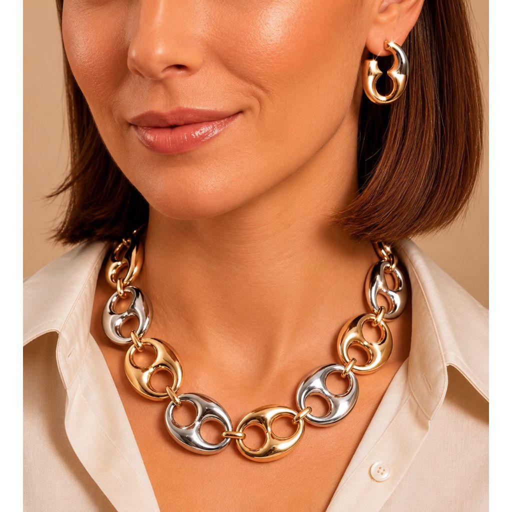 Conjunto Colar e Brinco Corrente Feminino Prata Dourado Bicolor Elegante Luxo