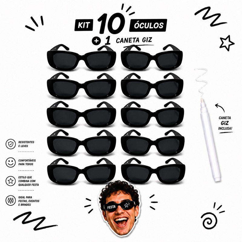 Kit 10 Oculos Para Festa Retro Casamento Formatura tik tok  + Caneta Giz Pieda