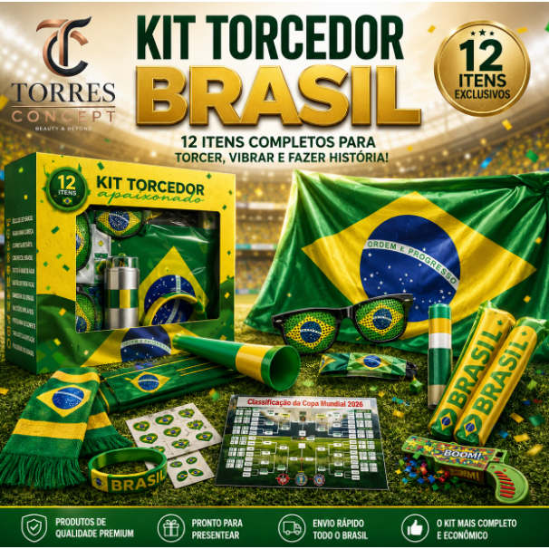 Kit Torcedor Brasil 12 Itens Atacado Corneta Vuvuzela Bandeira Copa Festa Copa do Mundo Completo