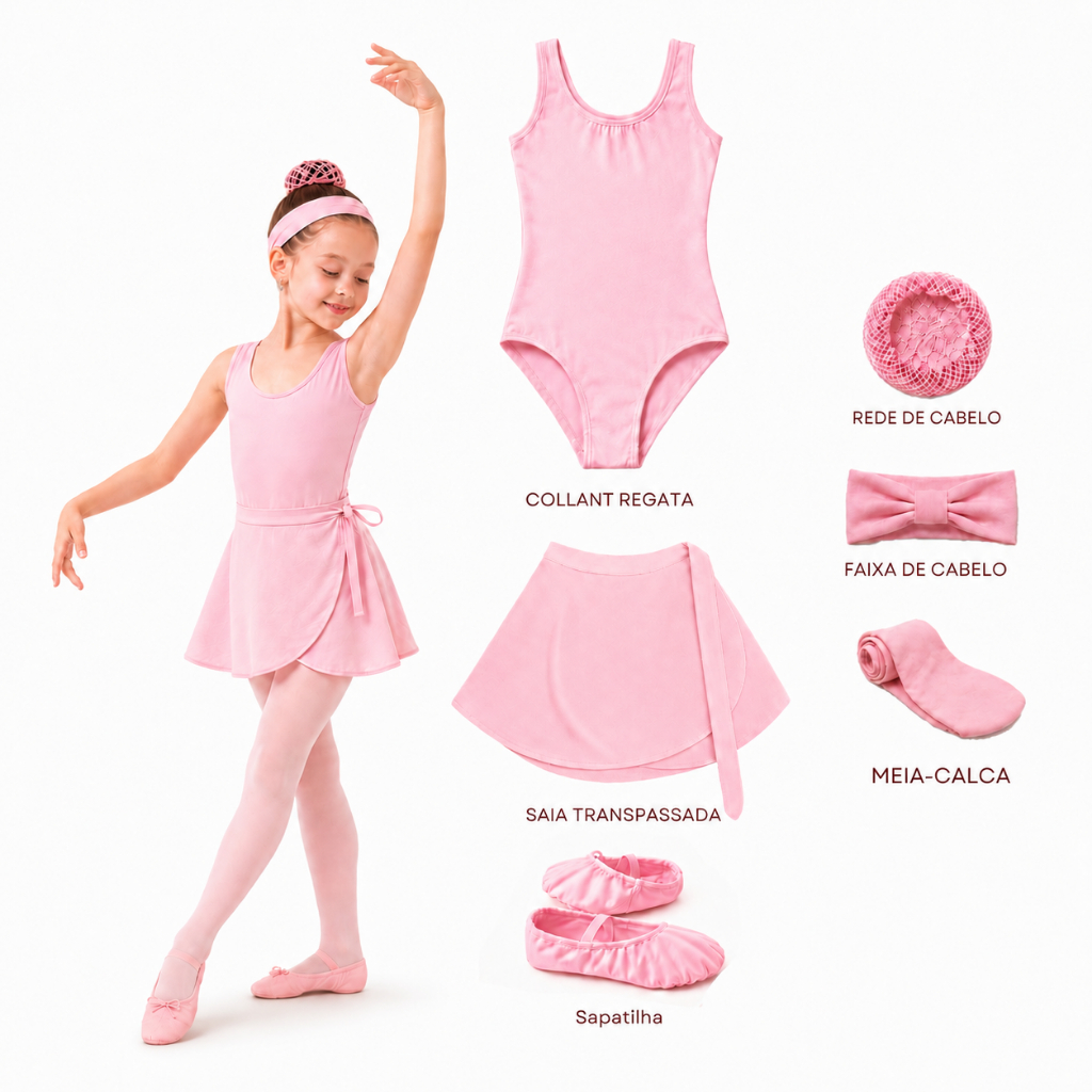 Kit Ballet Infantil 6 Peças - Collant regata, Saia transpassada, Sapatilha, Meia, Rede e Faixa - Rosa e Preto
