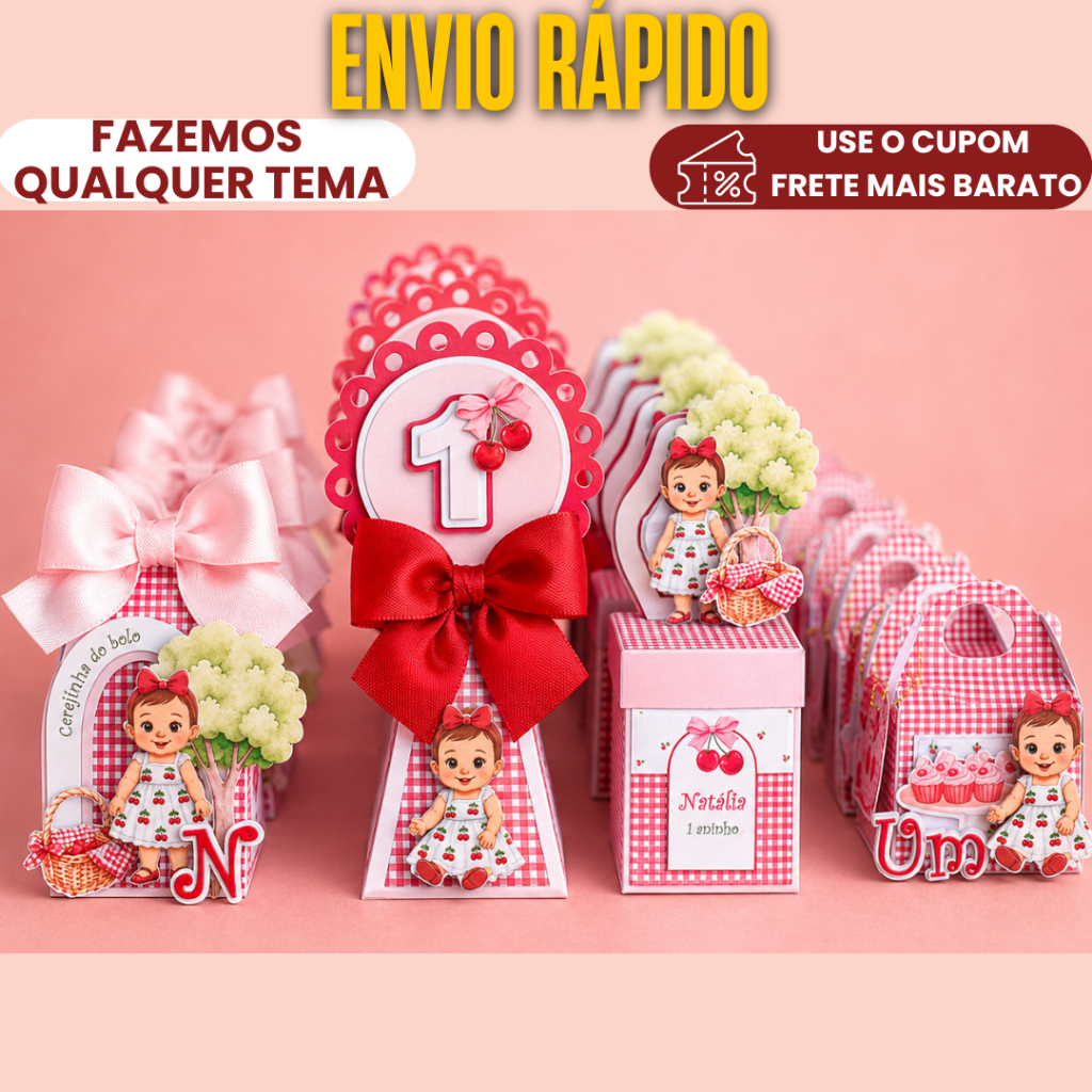Lembrancinha Personalizada Kit Clássico Cerejinha c/ caricatura |MONTADO, C/ LAÇO  E COM TAG 3D/ Caixinhas