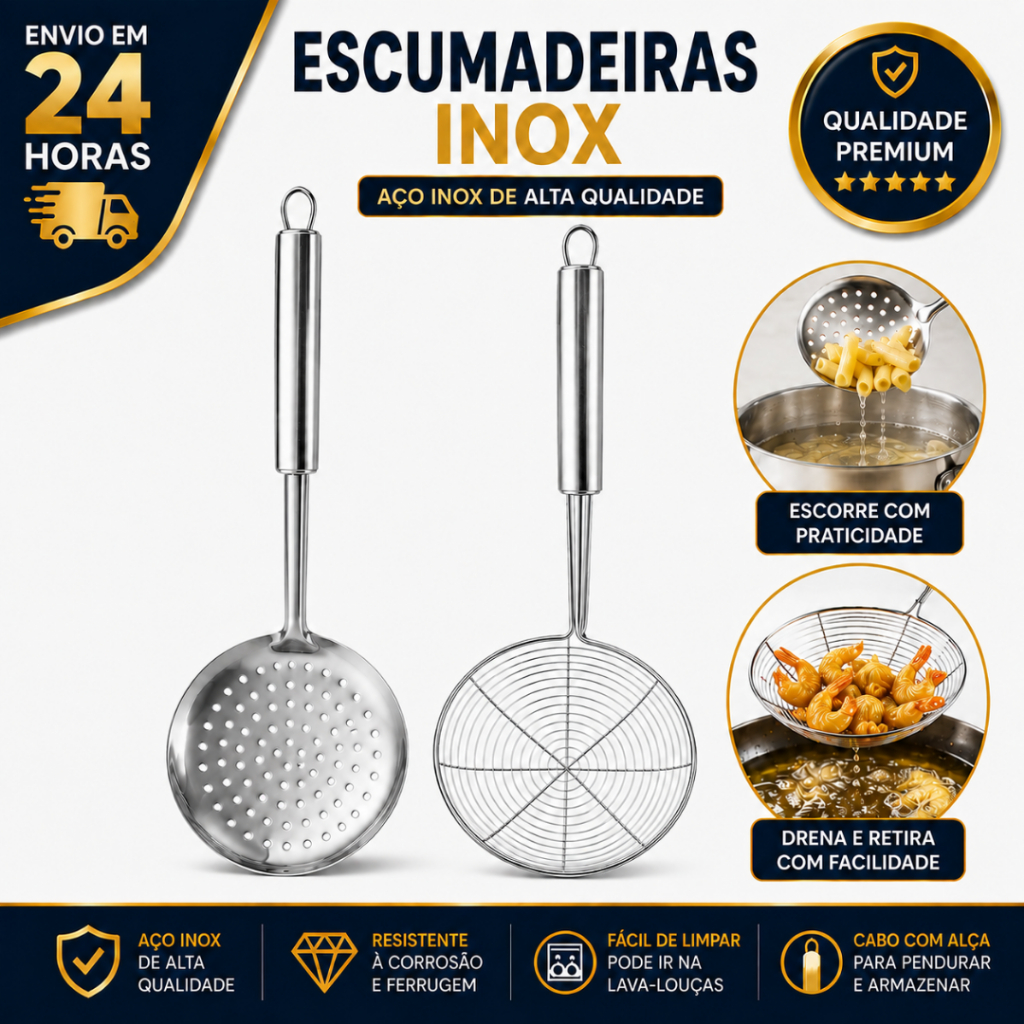 Escumadeira Em Inox Escumadeira Peneira 33cm E Escumadeira Em Inox 34cm Fritura Feijão Utensílio Cozinha