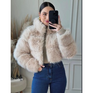 JQ PELINHOS Jaqueta Cropped Pelinhos Pelucia Couro PU Forro Poliéster Grossa Casaco Feminino Moda Gringa Blogueira