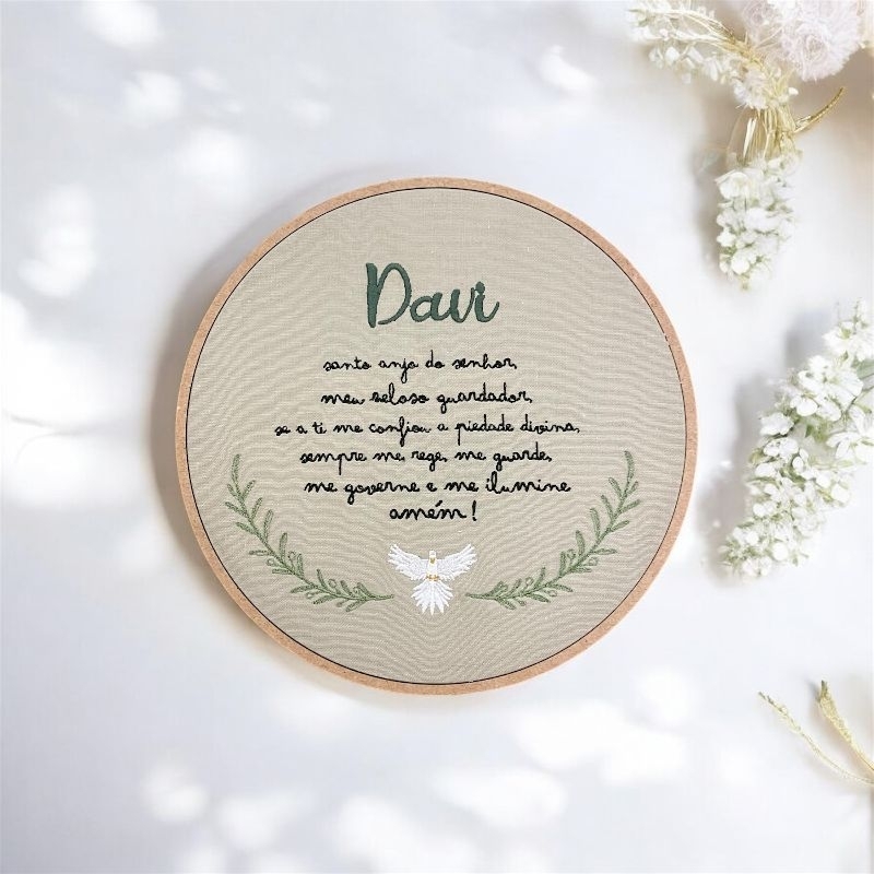 Quadro Bastidor Bordado Personalizado Santo Anjo Batizado