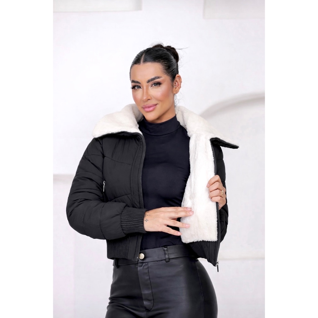NYLON GOLA Jaqueta Puffer Feminina Forro Peluciado, Casaco com Gola Alta Quentinha Moda Blogueira Gringa