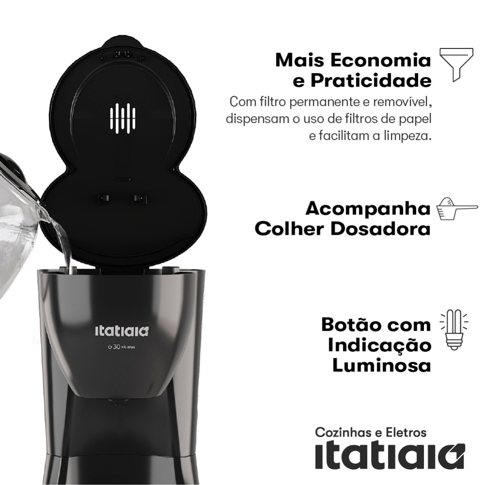 Cafeteira Elétrica Itatiaia 30 Xícaras 800W Filtro Permanente Jarra de Vidro Preta