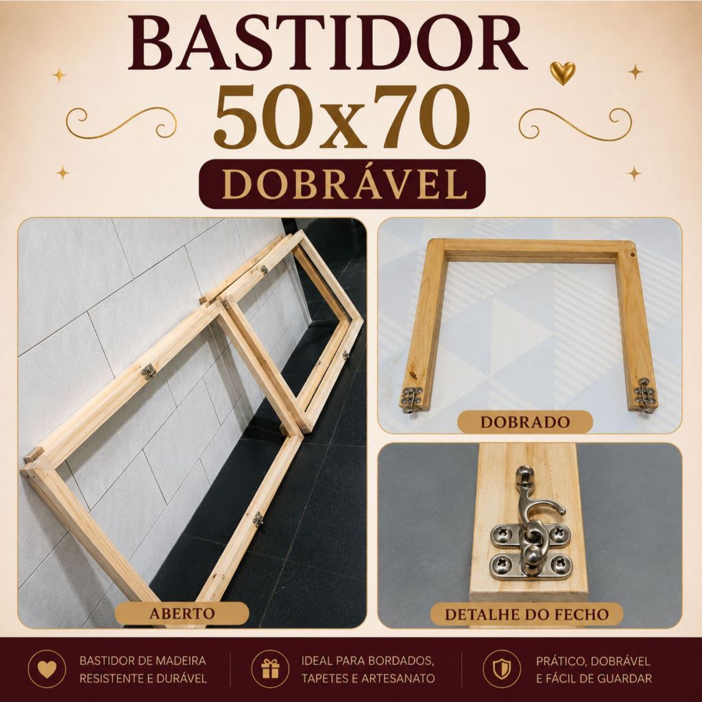 BASTIDOR DOBRAVEL DE MADEIRA 50X70 - PARA BORDAR TALAGARÇA OU TECIDO