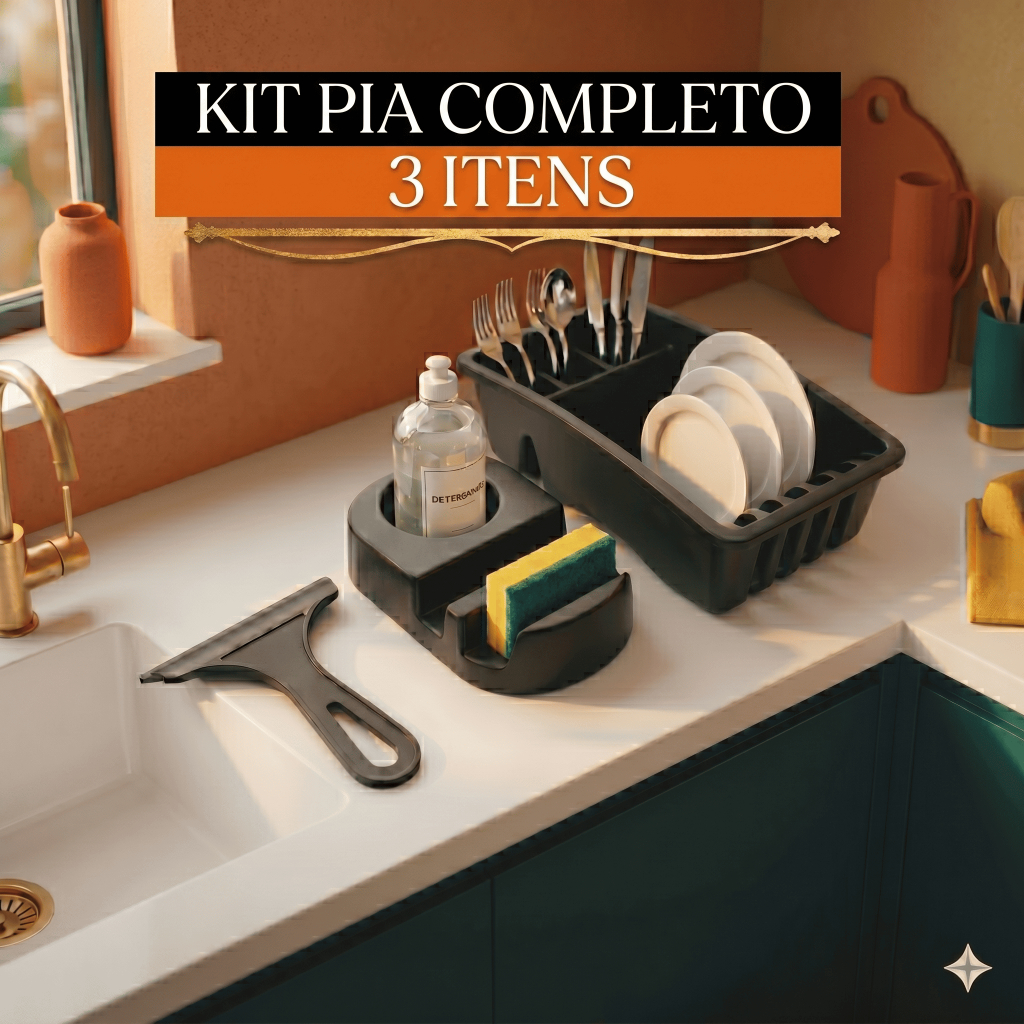 Kit Pia Escorredor De Pratos Plástico Compacto para Cozinha Porta Detergente Rodinho de Pia