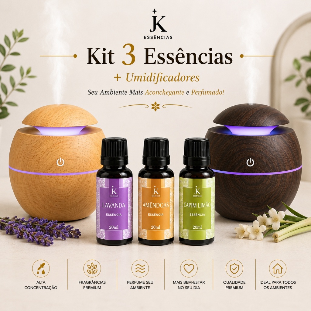 Umidificador de Ar USB + Essências Sortidas 20ml cada Aroma Terapia Difusor de Aromas JK Essences