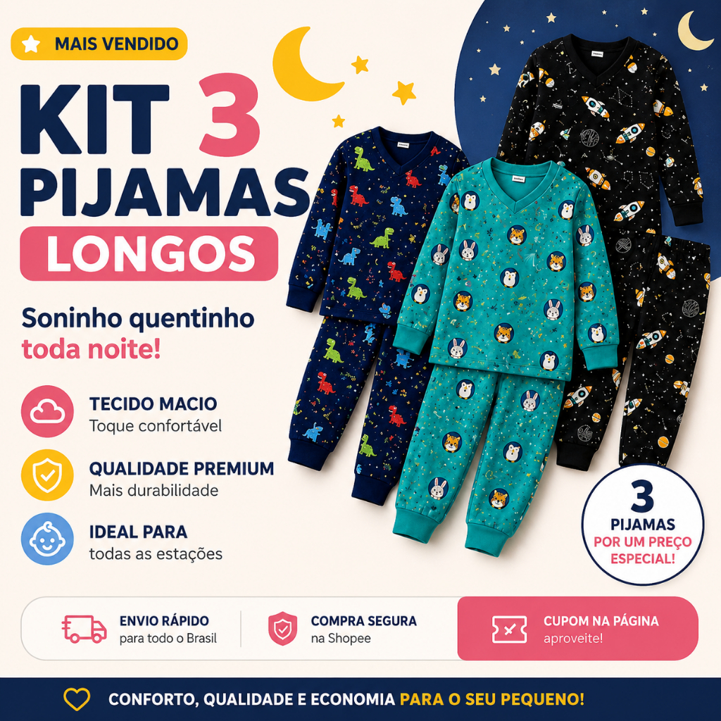 Kit 3 Pijamas Infantil para Menino Estampado Inverno no Suede Premium Manga Longa 5 meses ao 12 anos