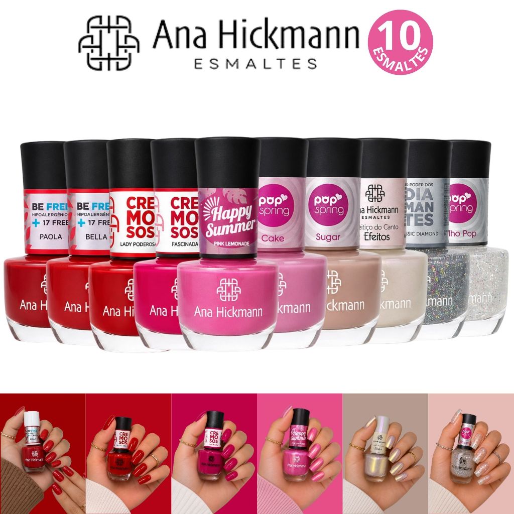 Kit Esmaltes Ana Hickmann Tons Rosas, Vermelhos e Glitter Esmaltes Cremosos e Efeitos 9ml Esmaltes Atacado