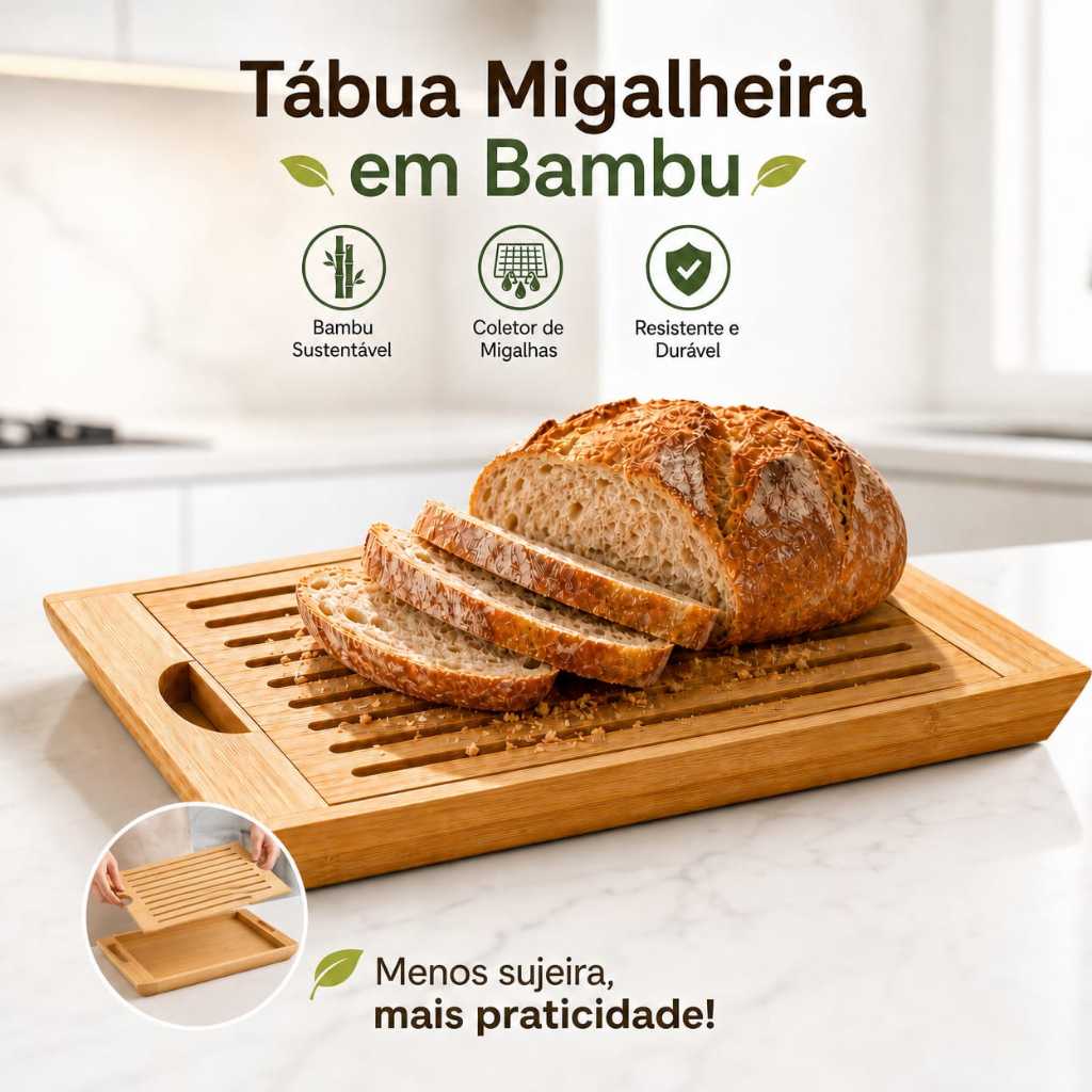 Tábua Migalheira de Bambu Premium Para Mesa 2 em 1