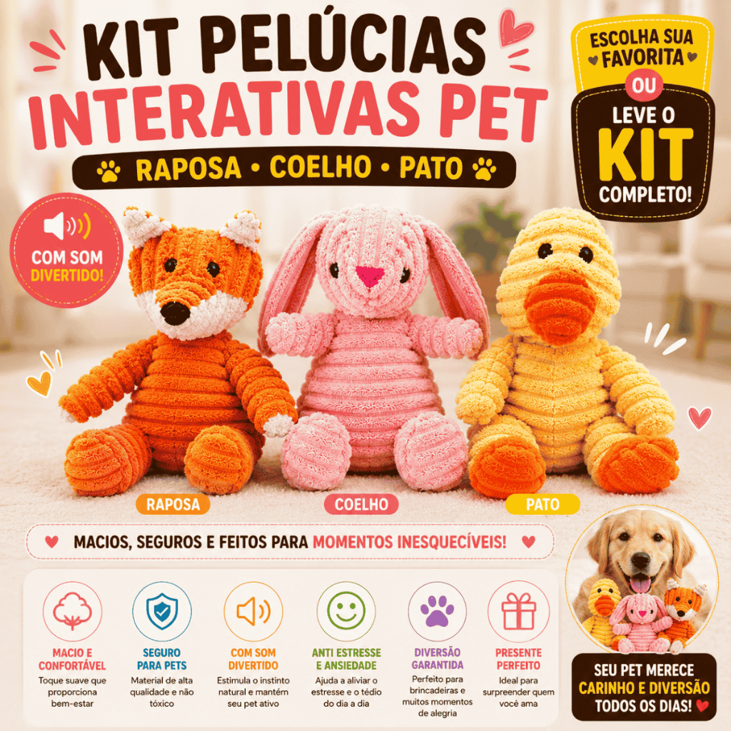 Brinquedo Interativo Pet Pelúcia Para Cachorro Raposa Pato ou Coelho Com Som