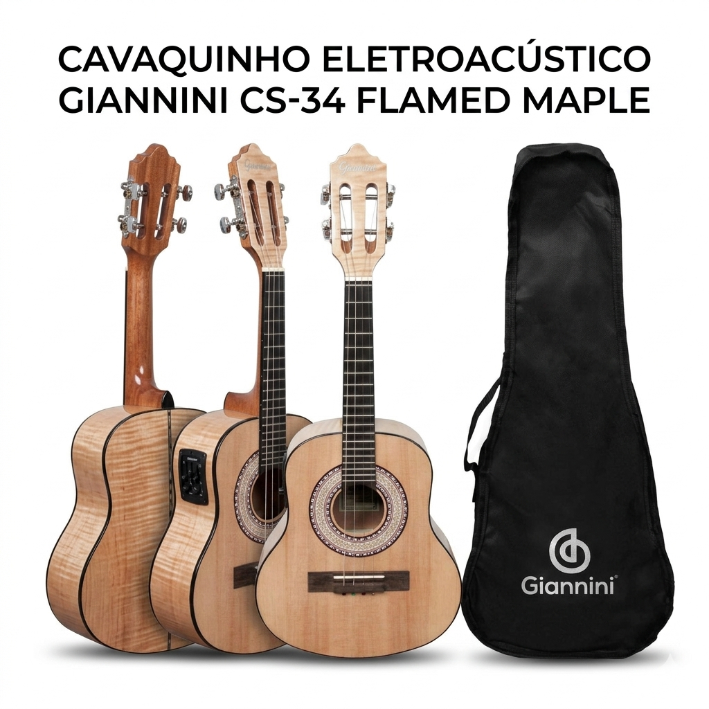 CAVAQUINHO ELETROACÚSTICO GIANNINI CS-34 FLAMED MAPLE COM CAPA