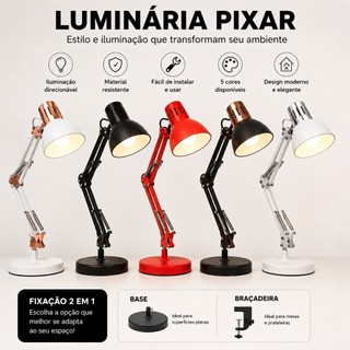 Luminária de Mesa Pixar Escritório Abajur Articulada Com Garra E Base Preto Branca 110v/2…