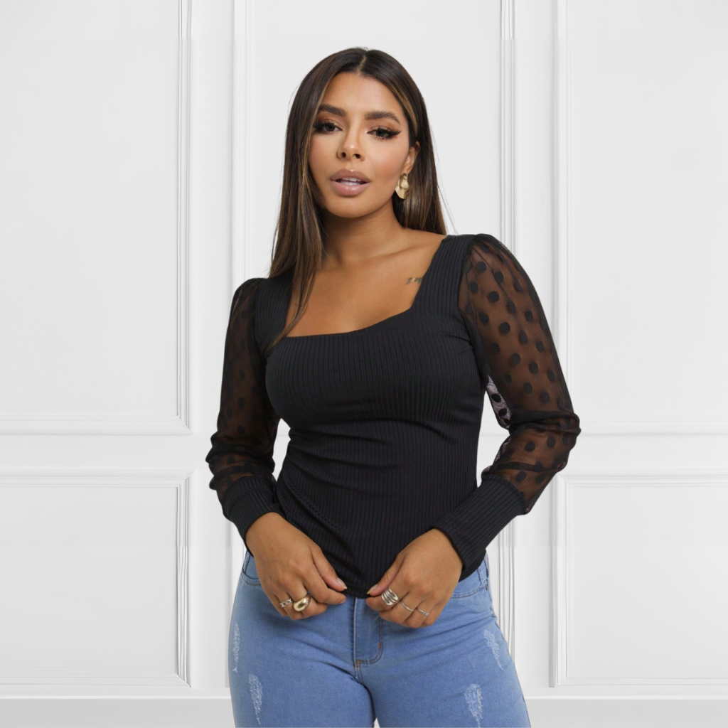 Blusa Feminina Manga Princesa Poa Bolinhas Tule Bufante Decotada Blogueiras