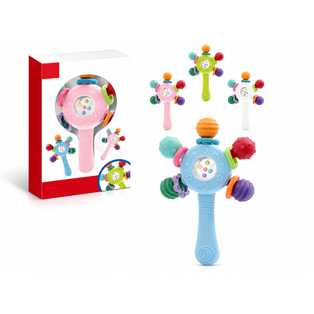 Mordedor Bebe de Mão Chocalho Sensorial Dentição 5 Pontas BPA FREE Silicone Massageador de Gengiva