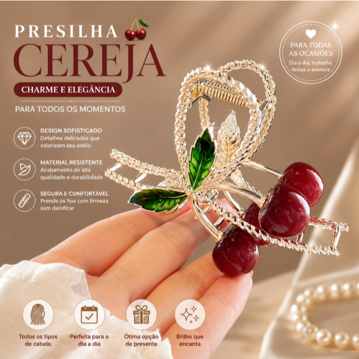 Presilha Luxo Cereja Vermelha para Coque Acessório de Cabelo Feminino
