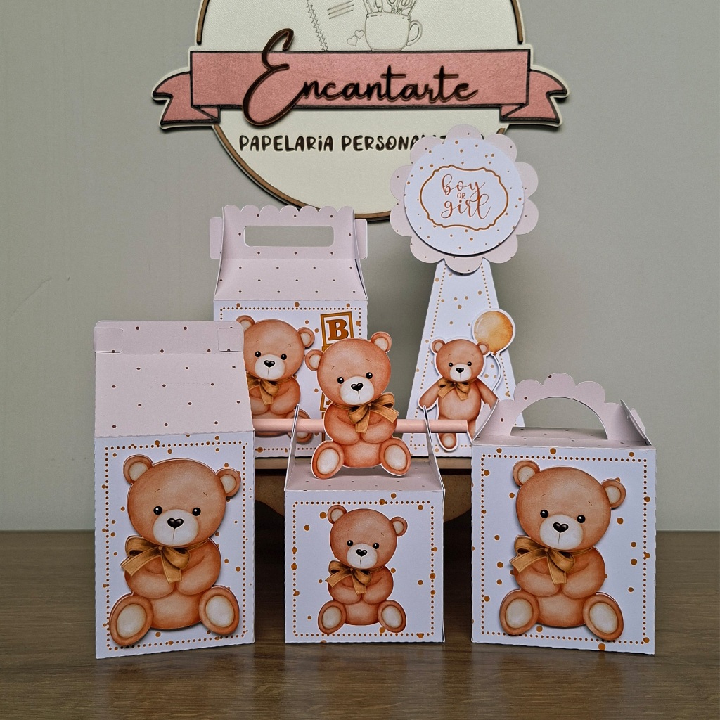 Kit Personalizado Chá Revelação - Ursinho Neutro - Caixinhas e Lembrancinhas - Pegar e Montar