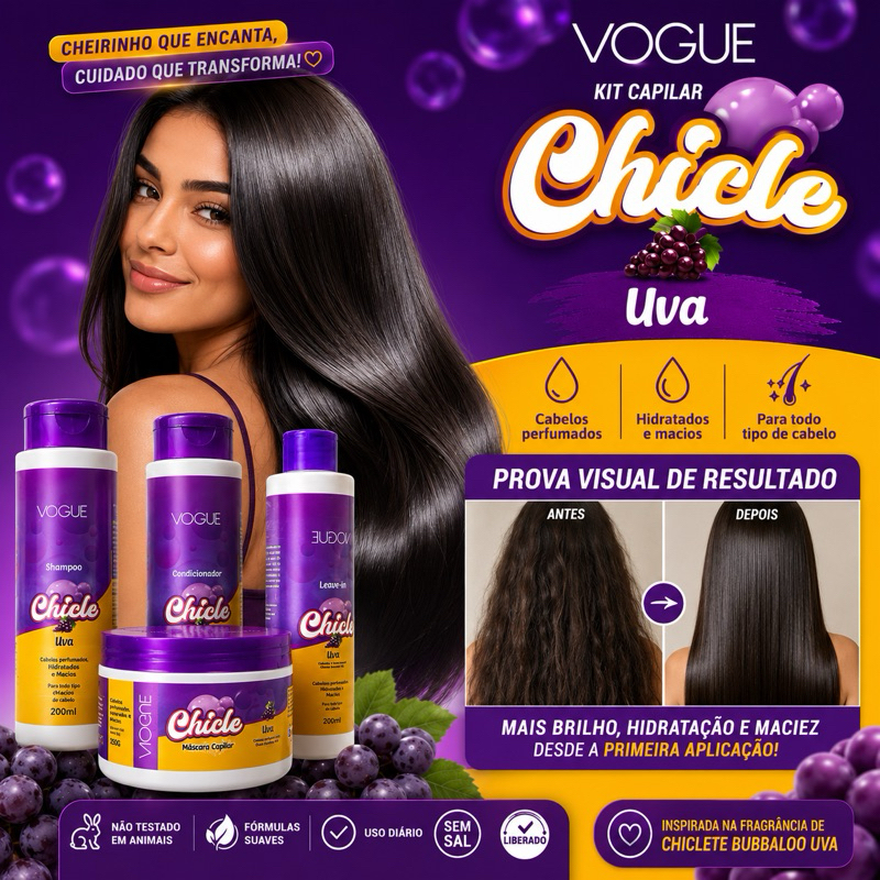 Kit Capilar Completo Vogue Chicle Uva 4 Produtos Shampoo Condicionador Leave-in e Máscara de Hidratação 200ml + 250g