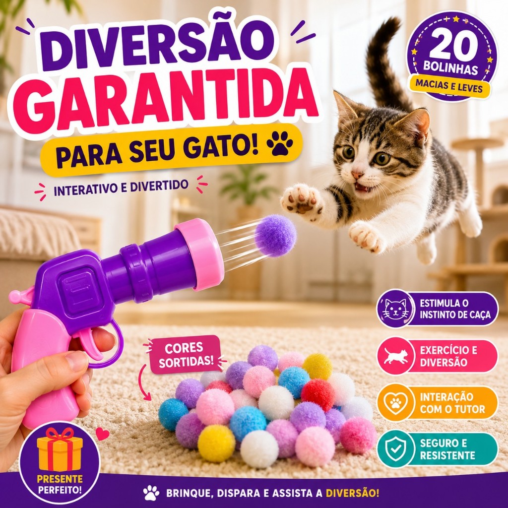 Arminha Disparadora de Bolinhas Para Gato Pet Interativa 20 Bolinhas Brinquedo Anti Estresse