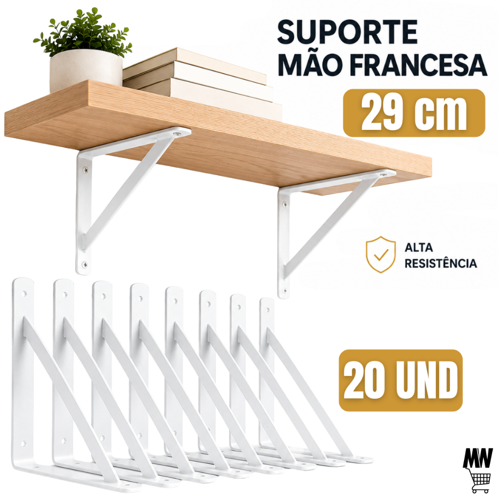 Kit 2 a 20 Suportes Mão Francesa 29cm Branca Para Prateleira Tábua Cantoneira Reforçada Branca