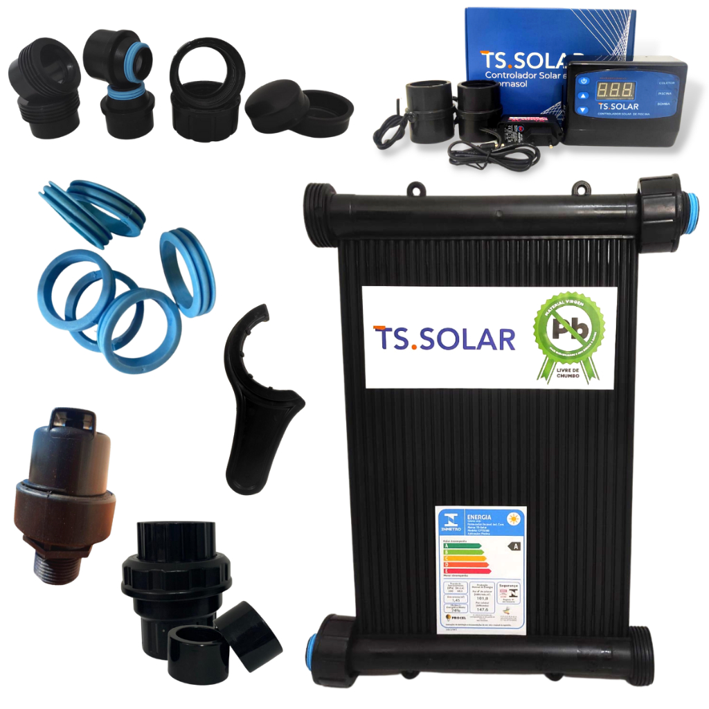 Aquecedor Solar Piscina Completo TS Solar 4 Placas 3m Kit Fechamento + Controlador Digital + Válvulas