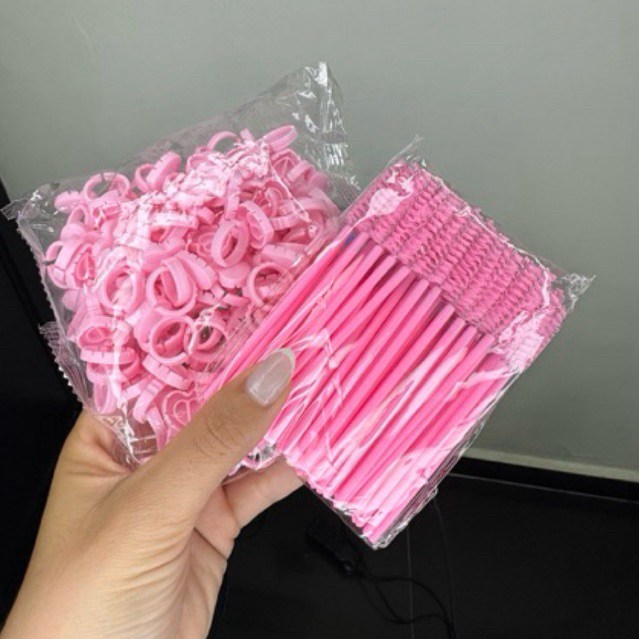 kit lash 100uni Anel batoque de cílios +100uni Escovinhas de Cílios Rosa para extensão de cílios Lash designer iniciante