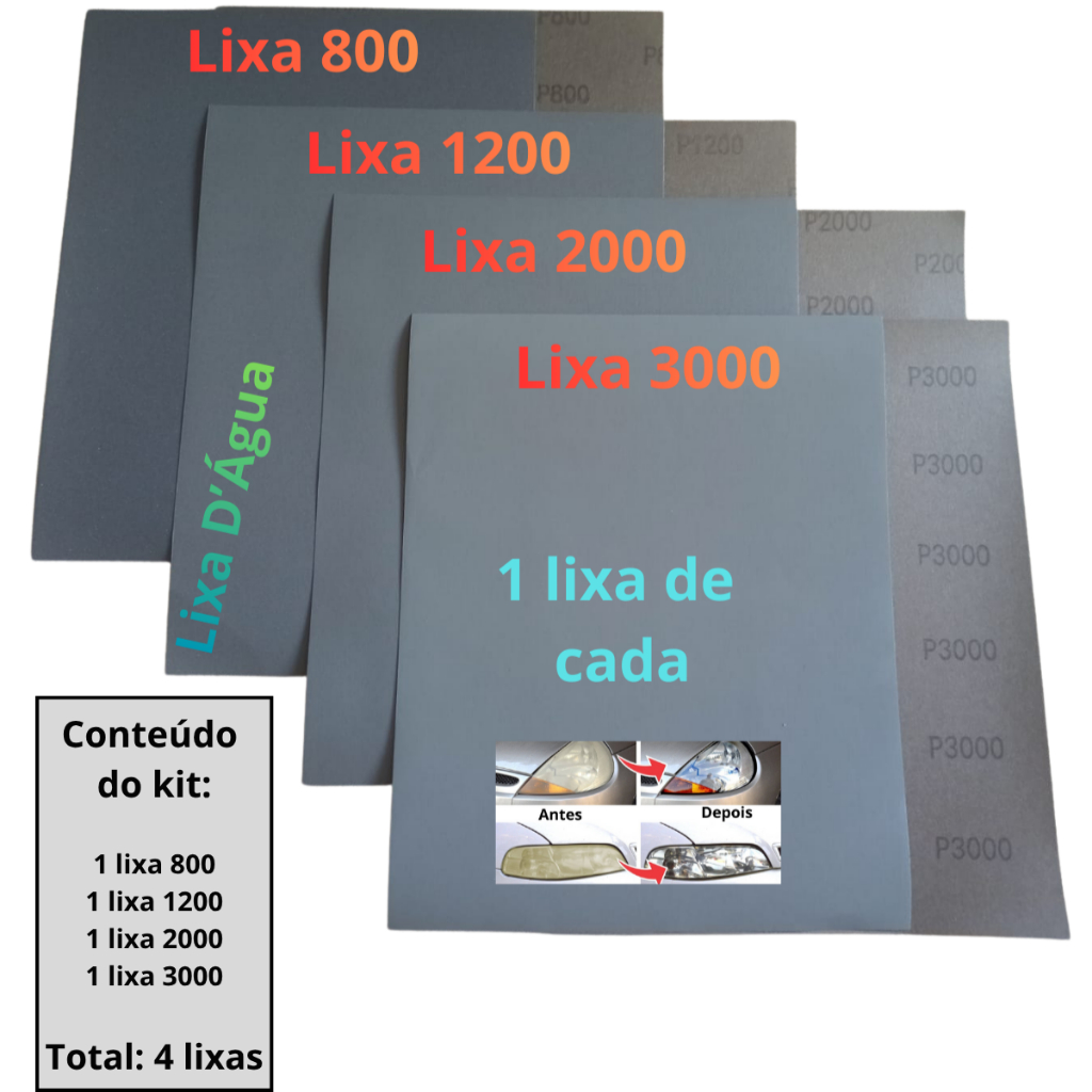 Lixa Polimento D'água Kit 1 ou 2 Folhas de Cada Grão 800 1200 2000 3000 Farol Lixar Plástico Metal