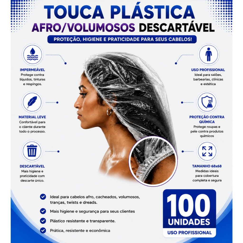 Touca Plástica Grande Descartável 100UN Cabelos Afro, Cacheados e Crespos - 68x68