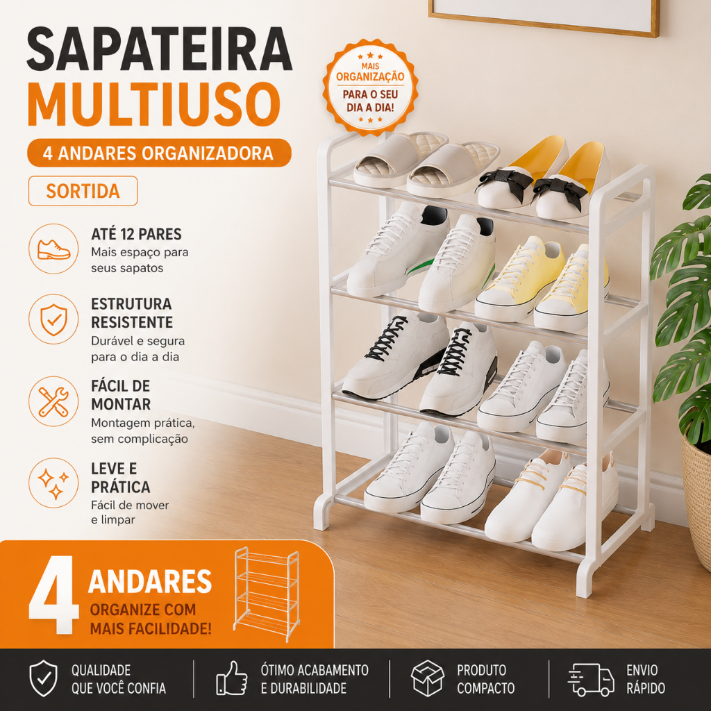 Sapateira Multiuso 4 Andares Organizadora Compacta Fácil Montagem - Sortida