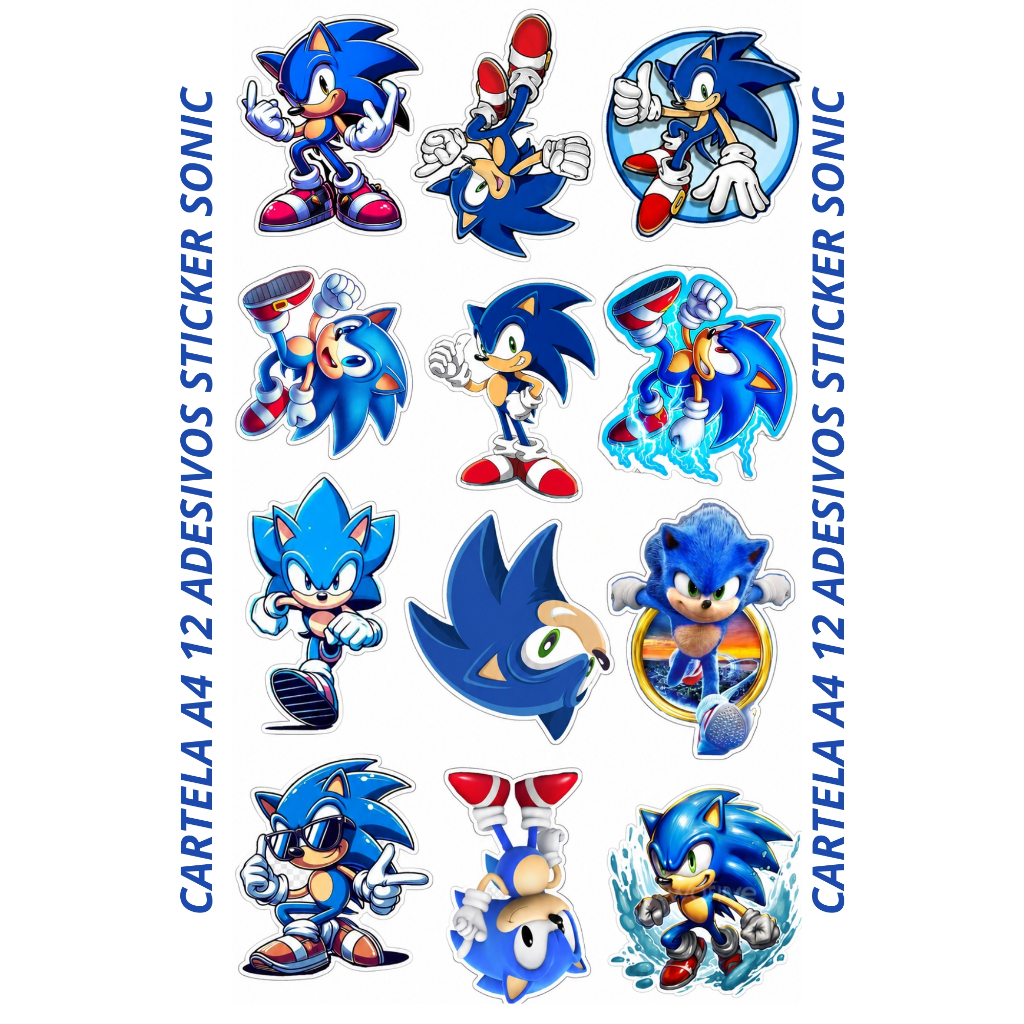 Kit Cartela 12 Adesivos Sticker Sonic A4 21X29cm Vinil Branco Prova Da Água Decorativo Premium