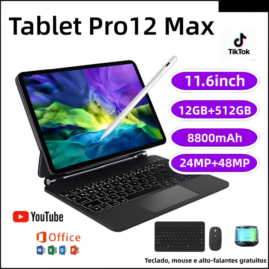 【Teclado e mouse grátis】Tablet  Pro12 Max 12 GB + 512 GB, 11,6 polegadas, HD, bateria de 8.800 mAh, com alto-falan