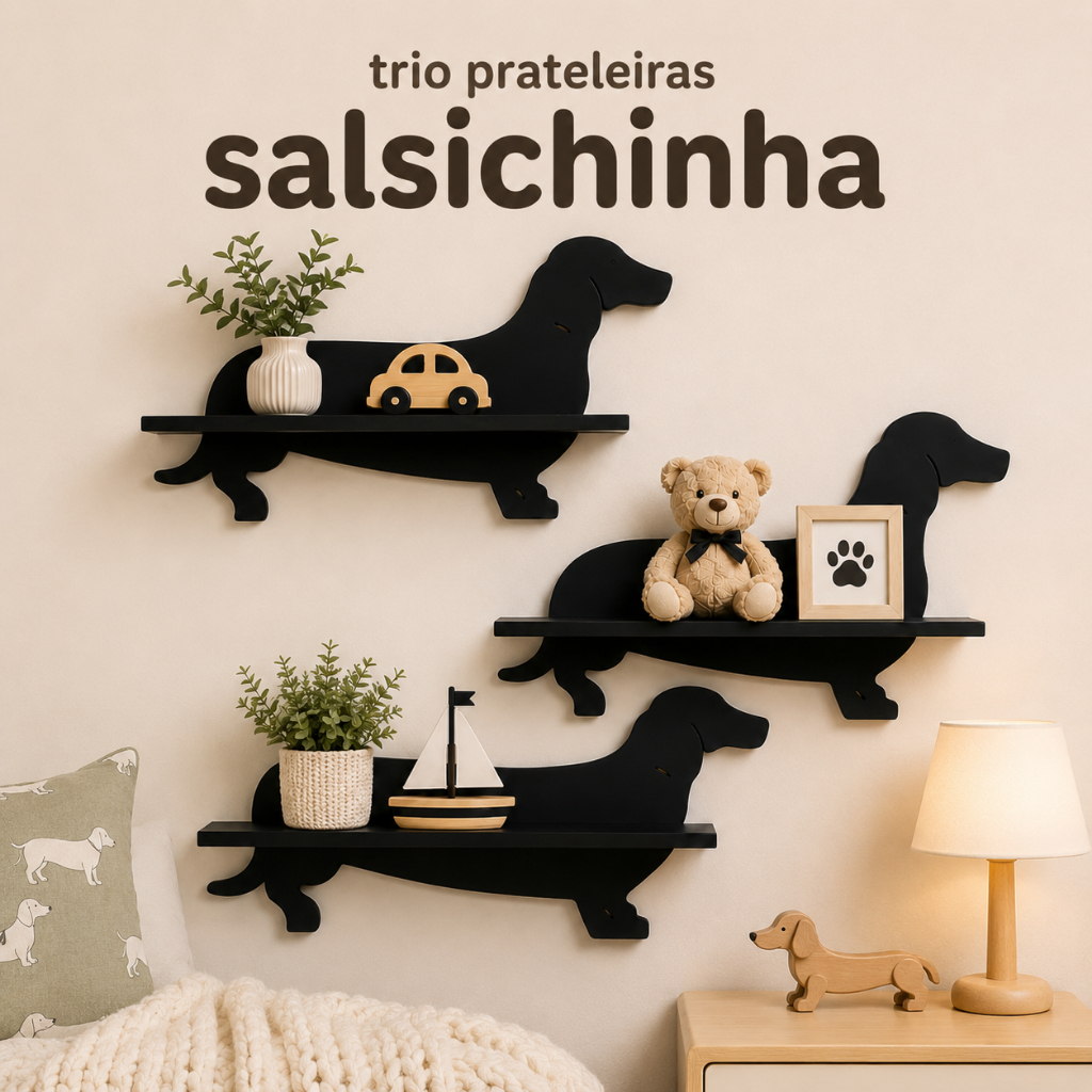 Prateleira Cachorrinho Trio Kit 3 Nichos Decorativos MDF Quarto Infantil Pet Shop Veterinário