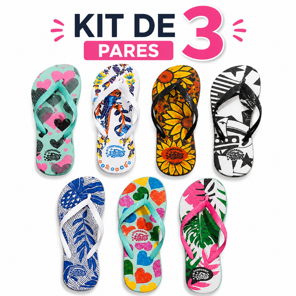 Kit 3 Pares Chinelo Feminino Estampado Macio Confortável Antiderrapante