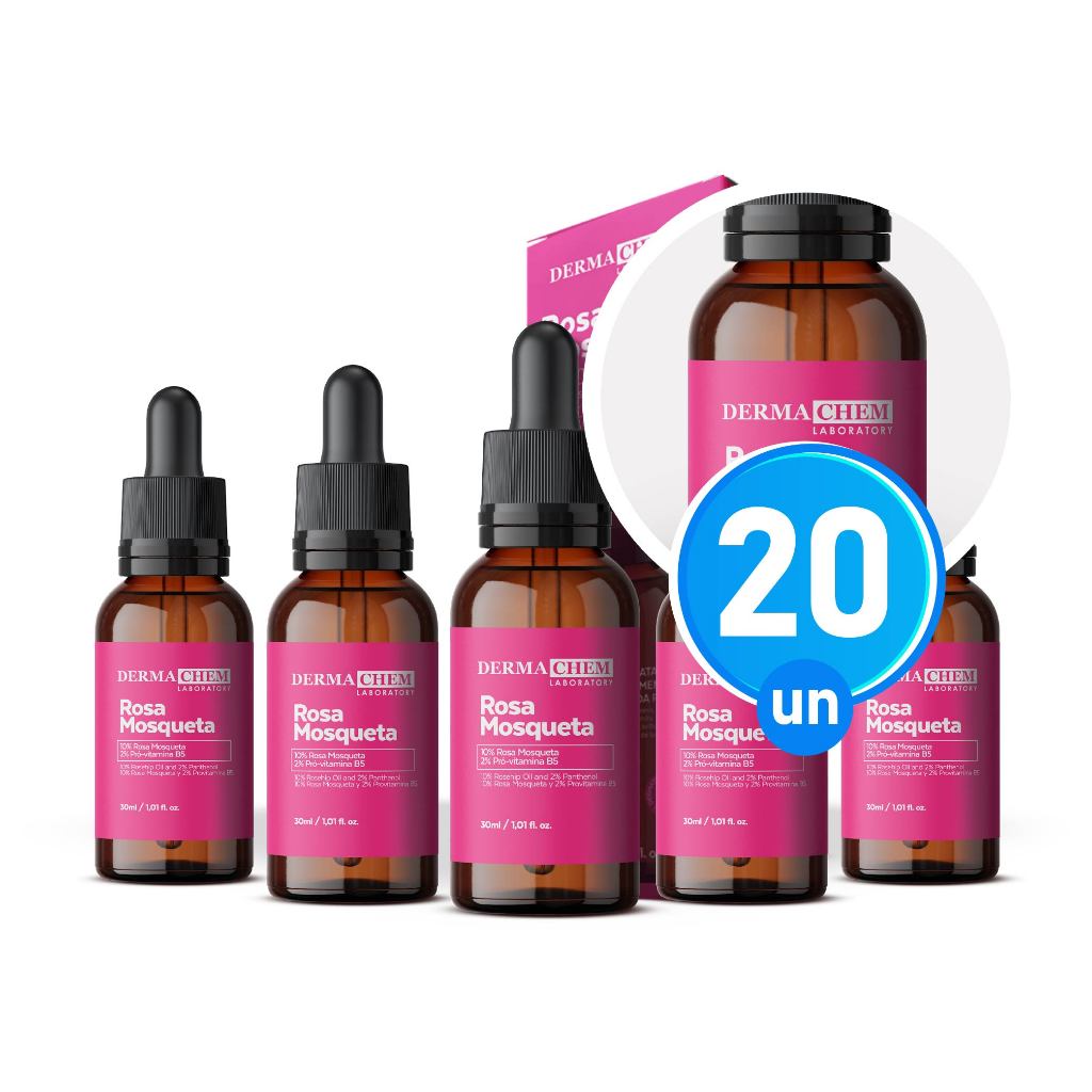Kit 20 Sérum Facial Rosa Mosqueta 30ml Hidratação Renovação e Clareamento da Pele Dermachem