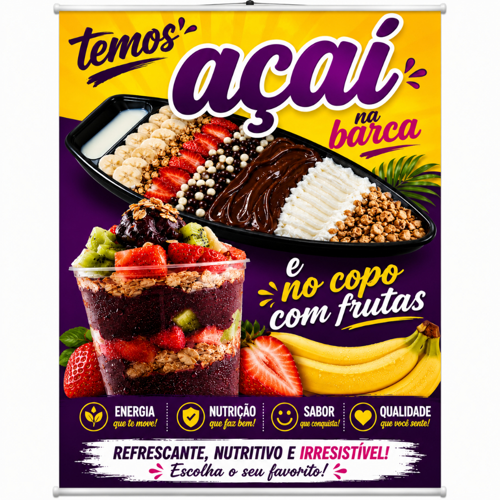 Banner Venda de Açaí na Barca e no Copo com Frutas Delicioso produzido em lona. Cartaz Propaganda Lanchonete Sorveteria