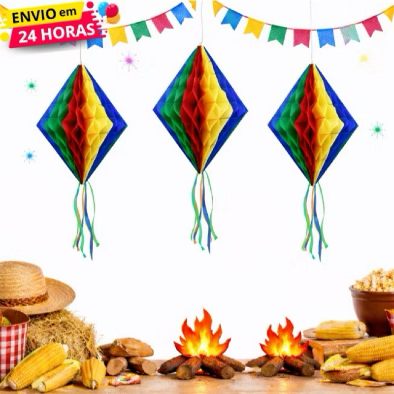 Balão Junino Colmeia Triangular | 30cm | Papel | Unidade E Kits | Decoração De Teto Festa Junina | Arraial, Enfeite