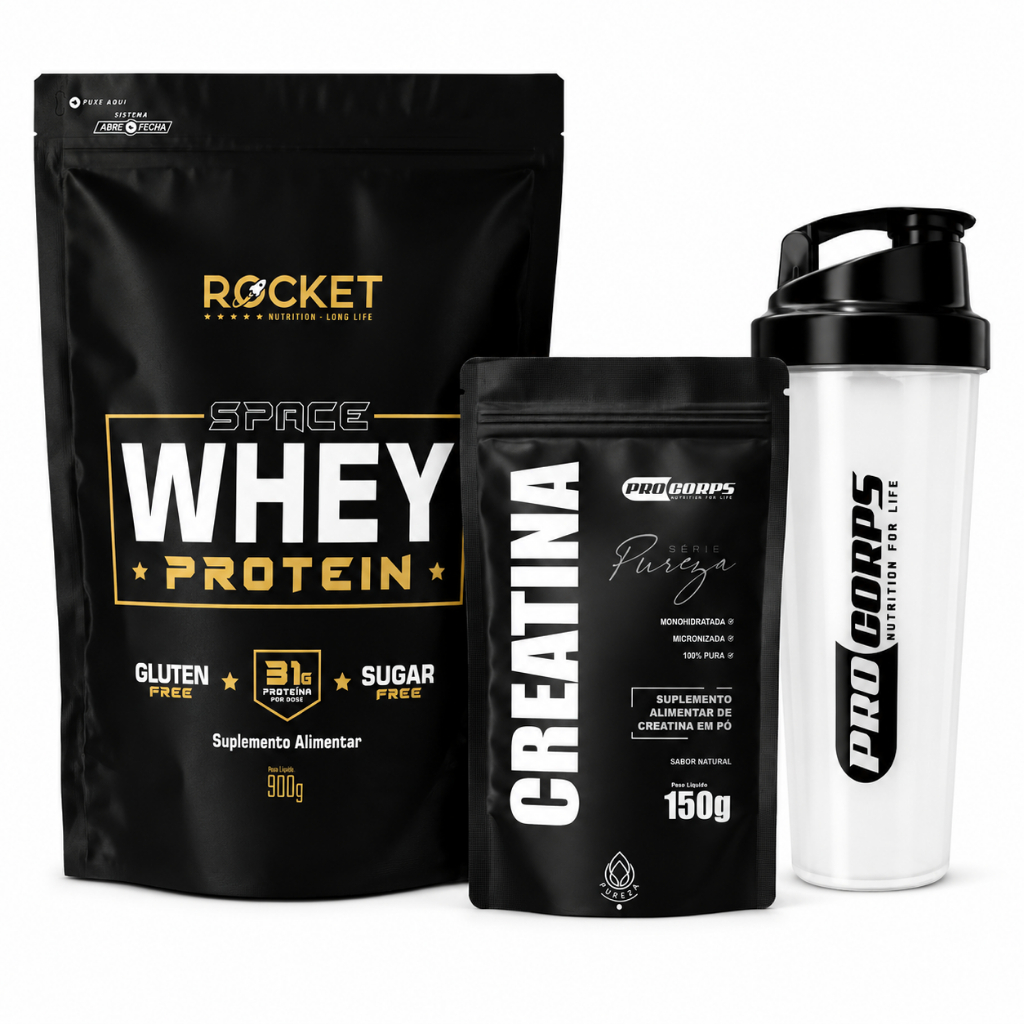 Kit Whey 900g + Creatina Pura 150g + Shakeira Academia