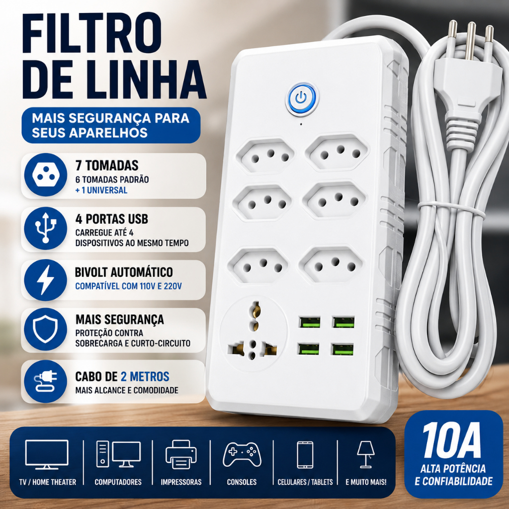 Régua Filtro de Linha com 7 Tomadas Extensão Elétrica 1 Universal 4 USB Bivolt 10A 110v/220v Cabo de 2 Metros Seguro e c