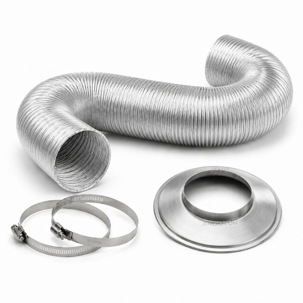 Duto Semiflexivel 120mm 1,5 Metros Aluminio Corrugado Aro Arremate + 02 Abraçadeiras Aquecedor A Gás