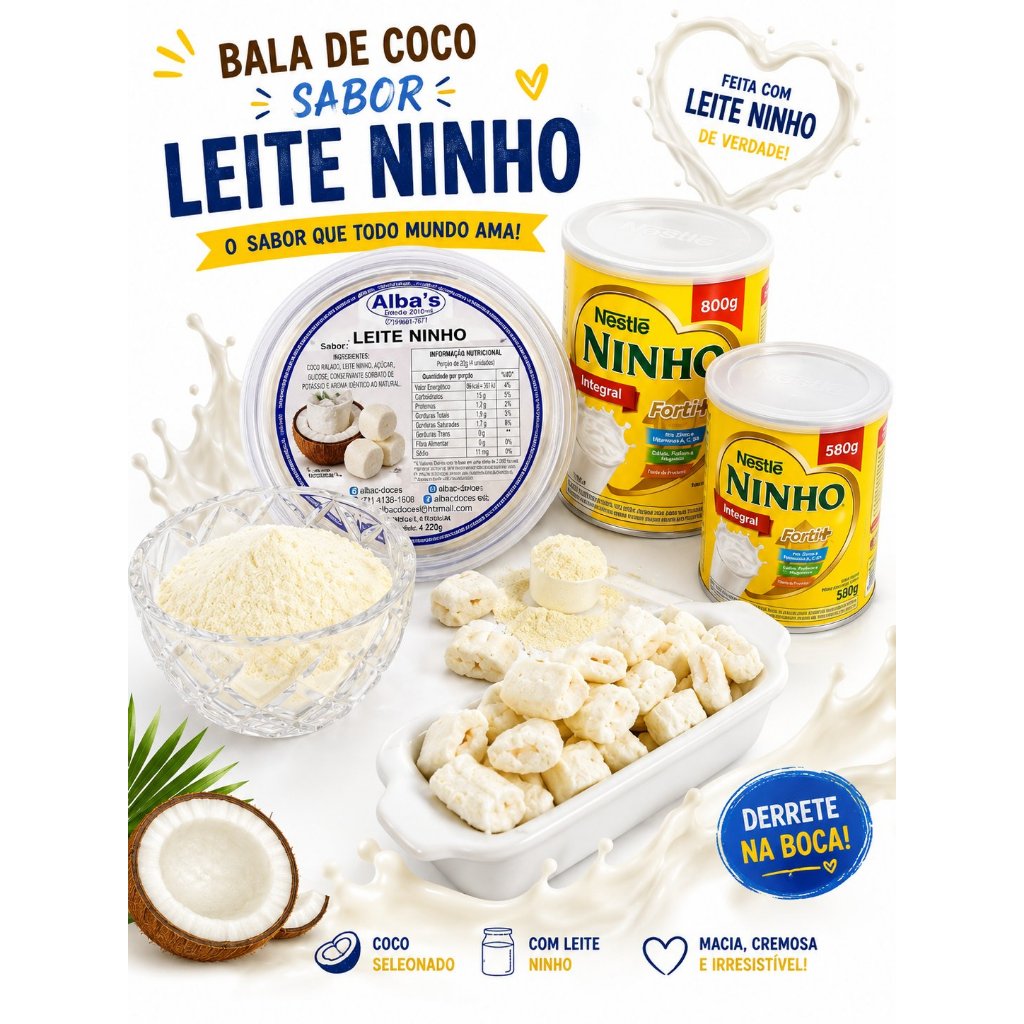 Bala de Coco Recheada Sabor Leite Ninho 125g Artesanal Albas Balas — imagem 2 de 2