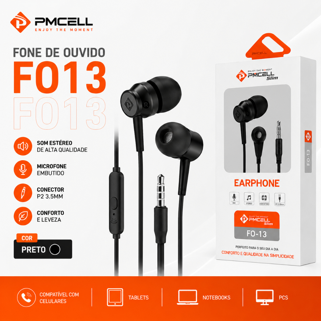 Fone PMCELL FO-13 Original Com Microfone P2 3.5mm  Preto