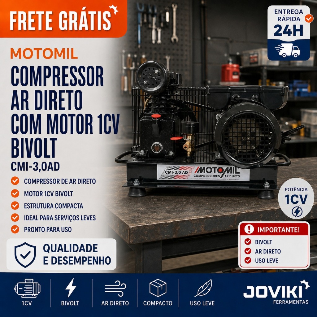 Compressor AR Direito com Motor 1CV Bivolt Motomil CMI-3,0AD