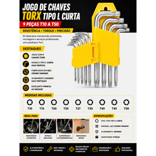 Jogo de Chave Torx Torque Curta 9 Peças Chave L com Furo Guia T10 - T50