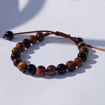 Pulseira Mística 3 Pedras Naturais | Sol da Felicidade, Ônix do Equilíbrio e Olho de Tigre de Proteção