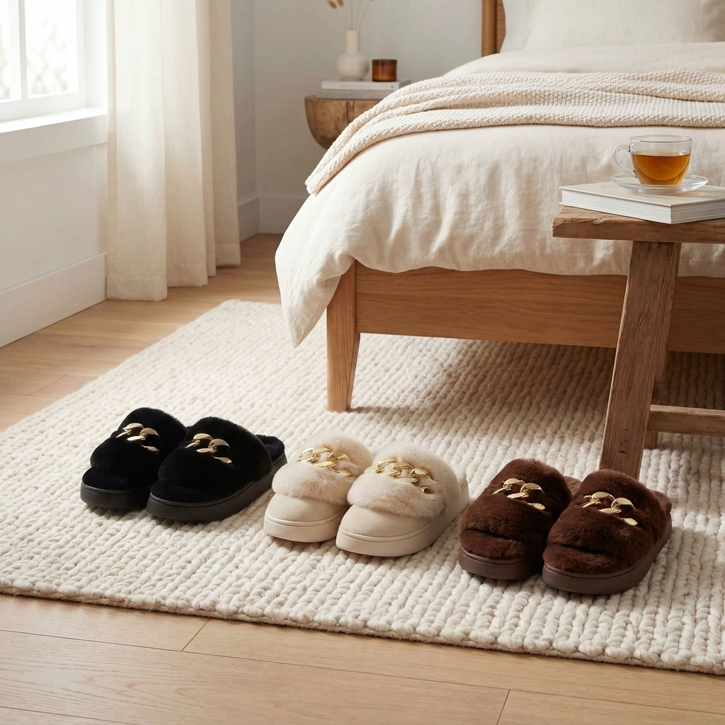 Pantufa Feminina Peluciada com Corrente Dourada Pantufa Quentinha Luxo Inverno Macio