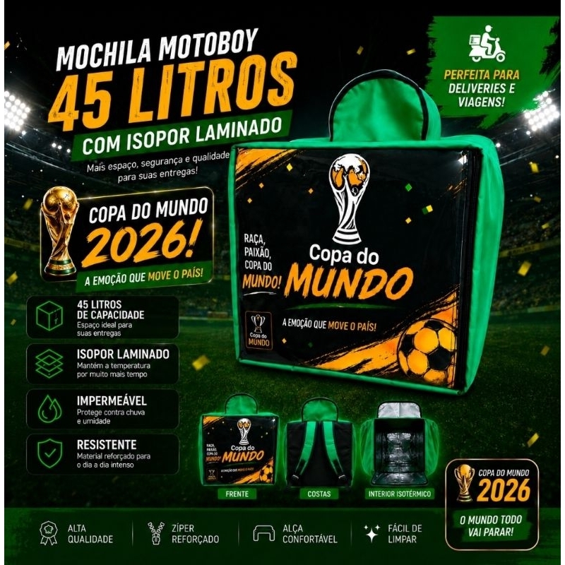 Mochila Bag Delivery 45L Térmica Motoboy Reforçada Isotérmica Copa do Mundo 2026 Grande Impermeável Moto Bike