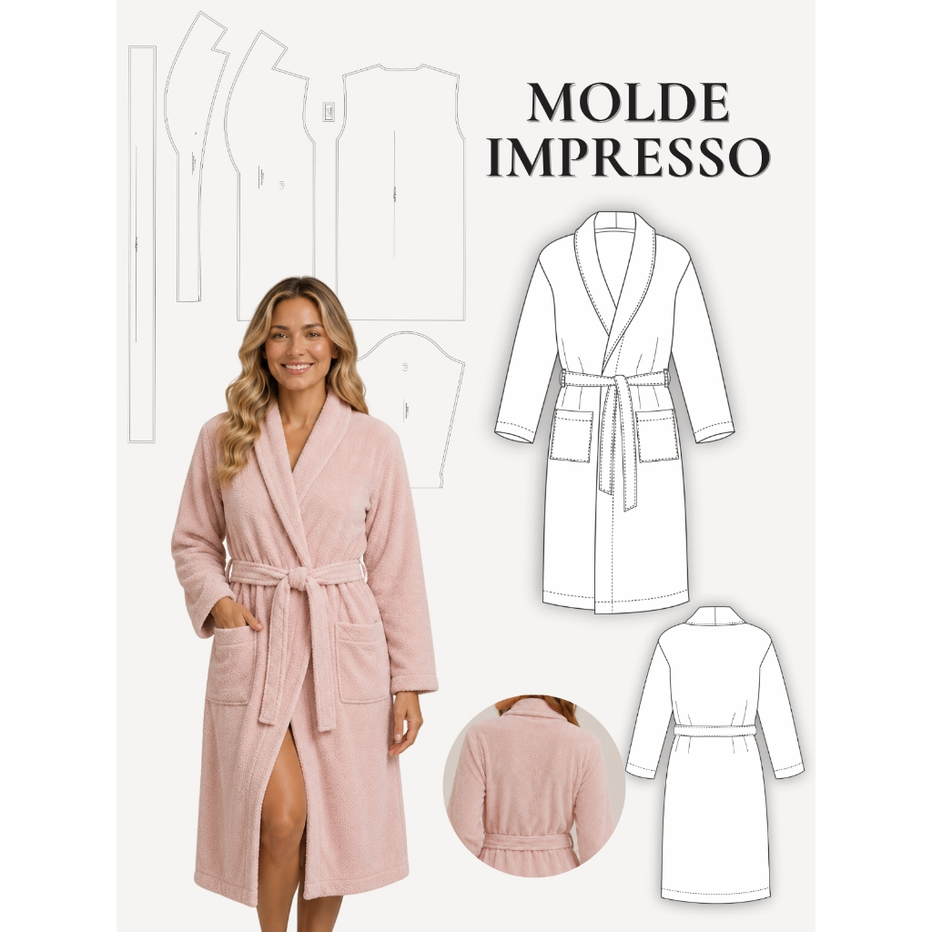 MOLDE EM PAPEL PARA COSTURA IMPRESSO ROUPÃO COM GOLA XALE FEMININO PLUS SIZE HELENA - MOLDE PARA COSTURA IMPRESSO